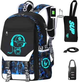 Anti Theft travel backpack Laptop Backpack Large Capacity Luminous Backpack Adjustable Shoulder Strap Backpack USB Anime Backpack Charging Port & Headphone Port Backpack Combination Lock Blue