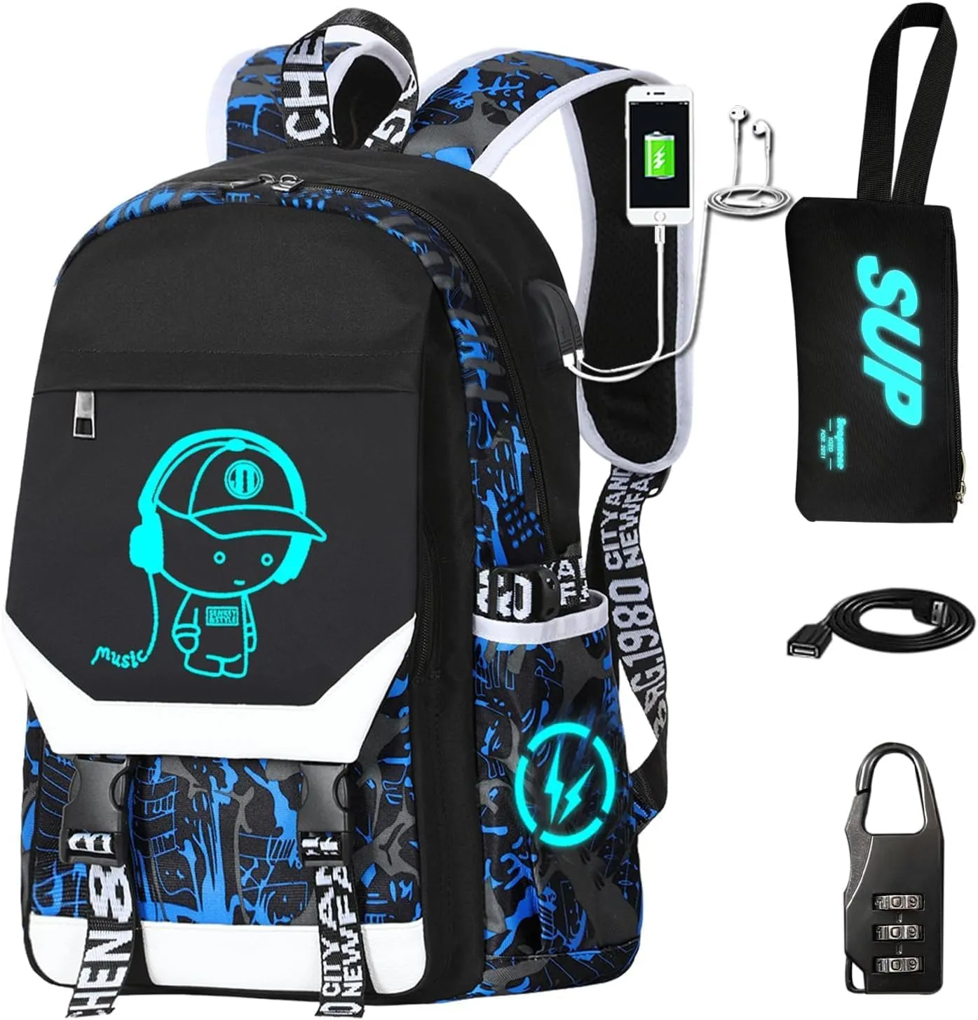 Anti Theft travel backpack Laptop Backpack Large Capacity Luminous Backpack Adjustable Shoulder Strap Backpack USB Anime Backpack Charging Port & Headphone Port Backpack Combination Lock Blue