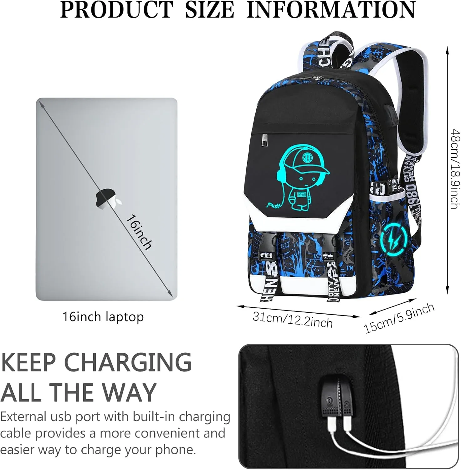 Anti Theft travel backpack Laptop Backpack Large Capacity Luminous Backpack Adjustable Shoulder Strap Backpack USB Anime Backpack Charging Port & Headphone Port Backpack Combination Lock Blue