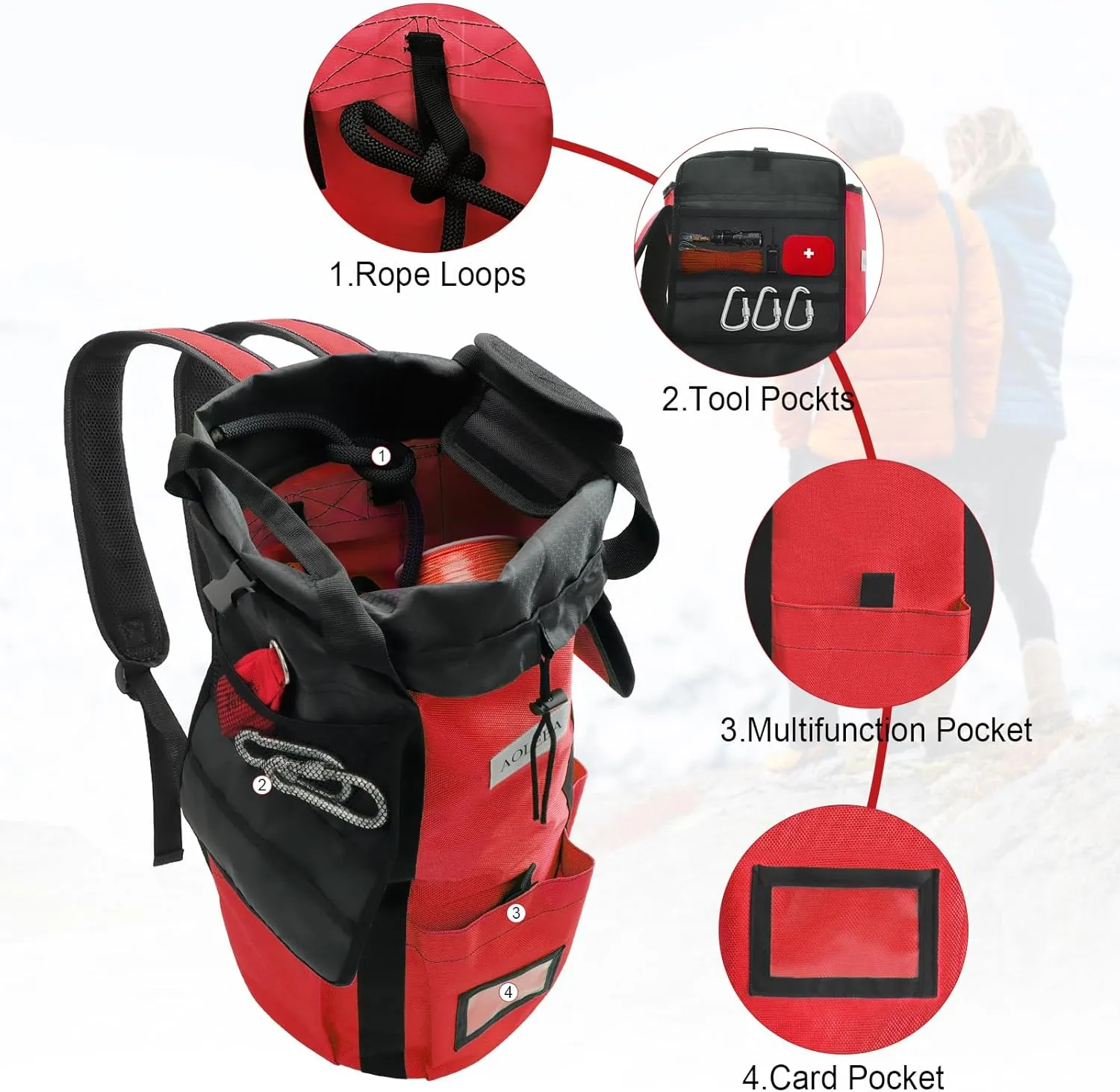 AOLEBA Arborist Rope Storage Bag Tree Climbing Rock Rope Bucket Backpack Rope Arborist Bag Large Capacity 1680D Thicken Nylon Material with Hand Straps, Side Pockets - Red