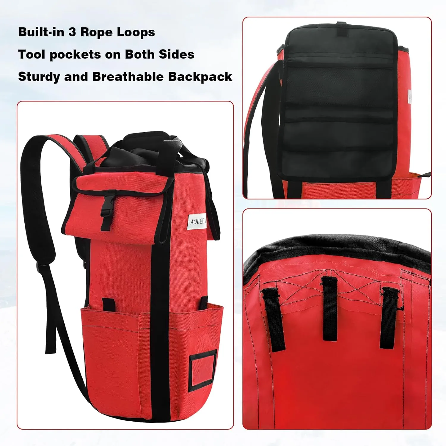 AOLEBA Arborist Rope Storage Bag Tree Climbing Rock Rope Bucket Backpack Rope Arborist Bag Large Capacity 1680D Thicken Nylon Material with Hand Straps, Side Pockets - Red