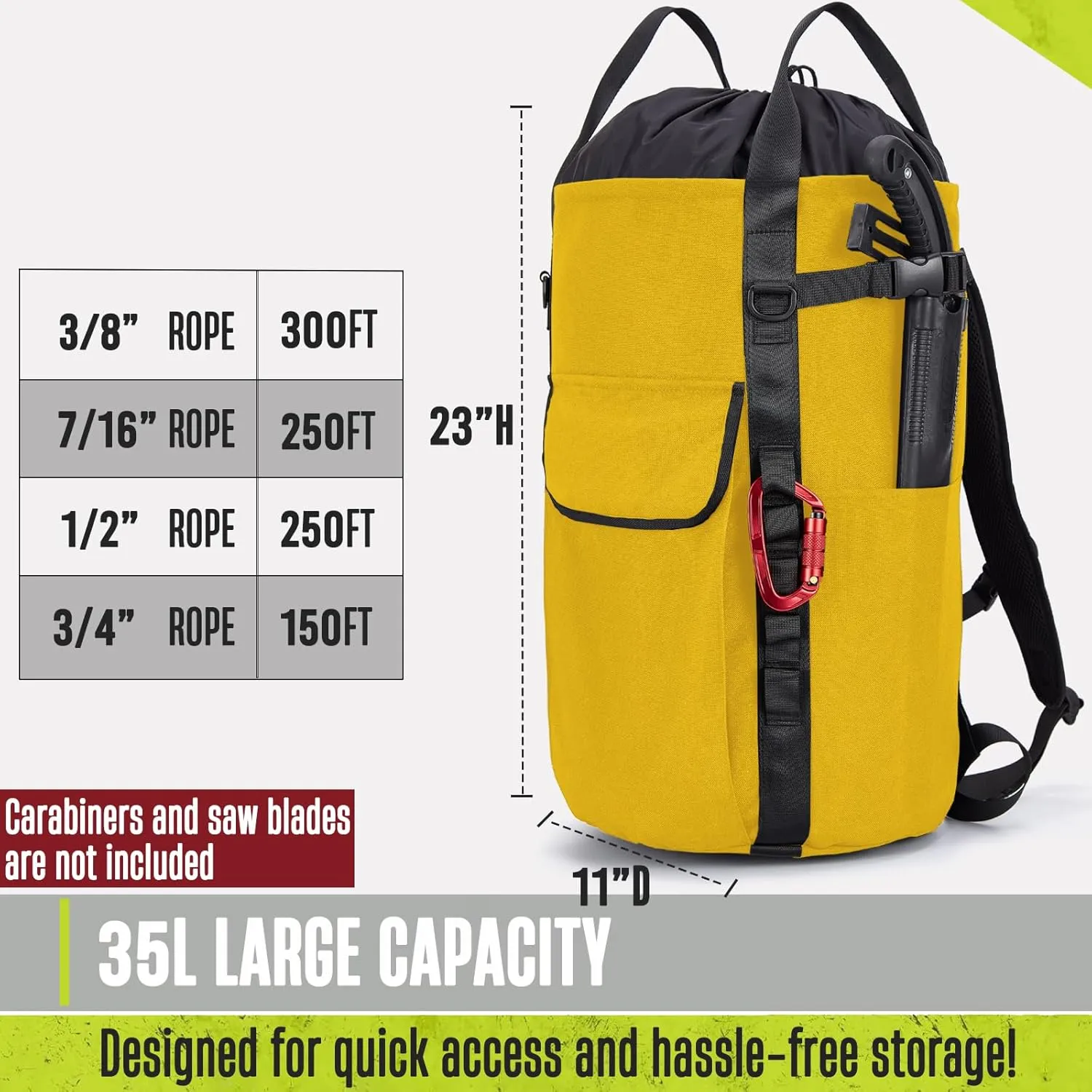 Arborist Rope Bag, 35L Tree Climbing Rope Bag, Arborist Equipment Bucket Backpack, Arborist Gear Carrier Bag with Side Pockets, Tough Rock Climbing Backpack, Rock and Tree Climbing Gear