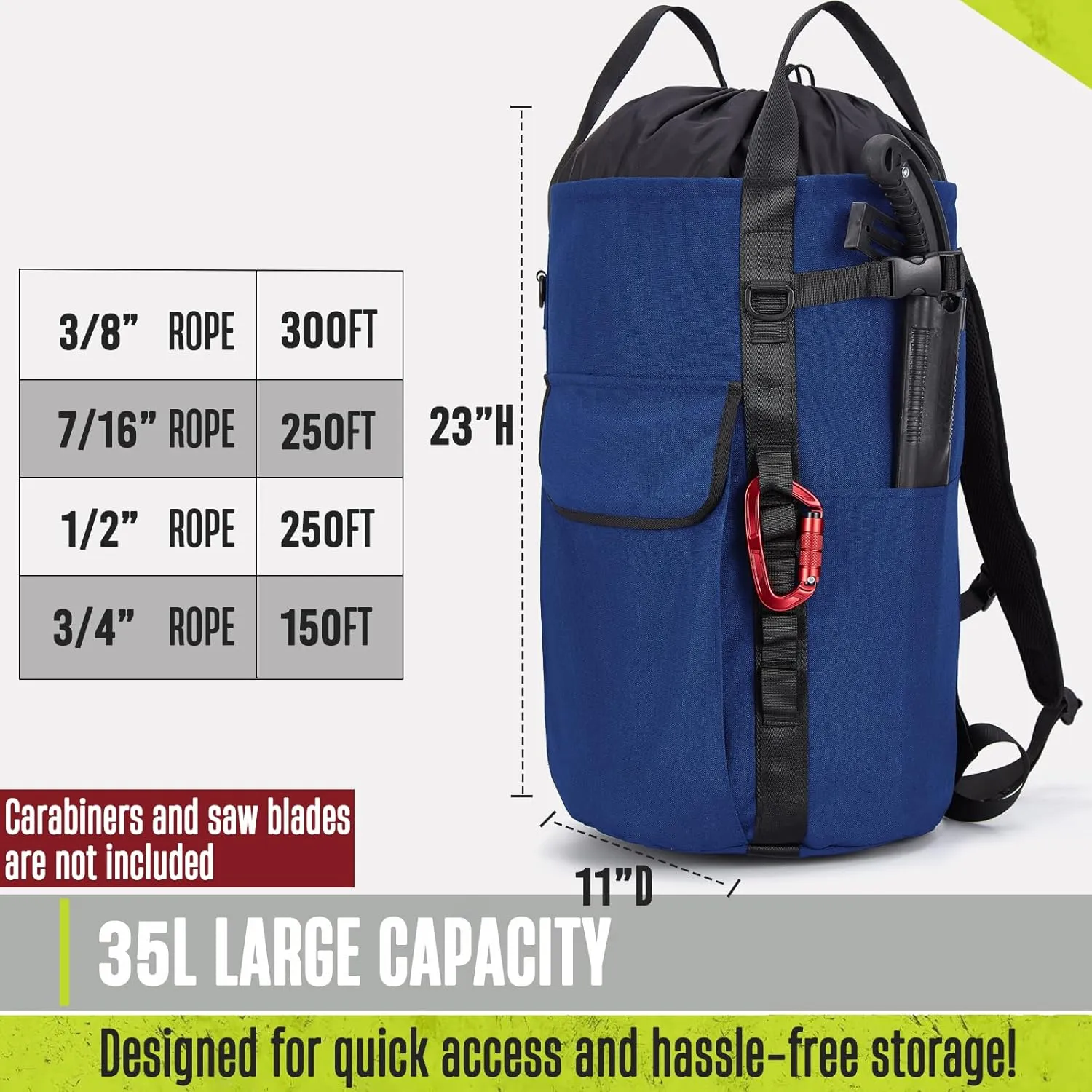 Arborist Rope Bag, 35L Tree Climbing Rope Bag, Arborist Equipment Bucket Backpack, Arborist Gear Carrier Bag with Side Pockets, Tough Rock Climbing Backpack, Rock and Tree Climbing Gear