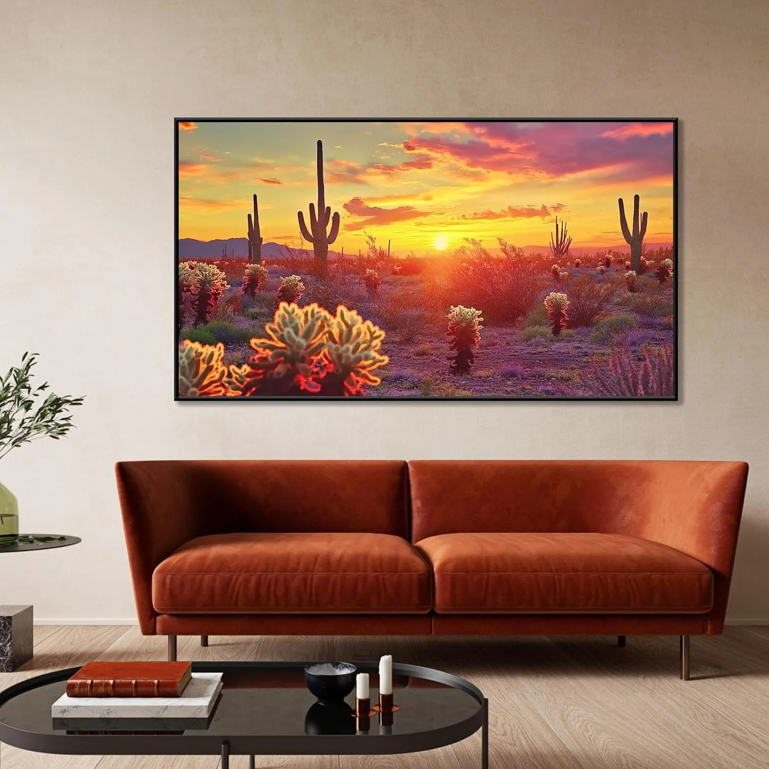 Arizona Desert Sunrise Canvas Wall Art, Arizona Desert Canvas Wall Art, Arizona Canvas Wall Art, Southwestern Wall Art, Landscape Canvas Wall Art, Wall Pictures for Living Room (Black Framed, 36"x20"|92x52cm)