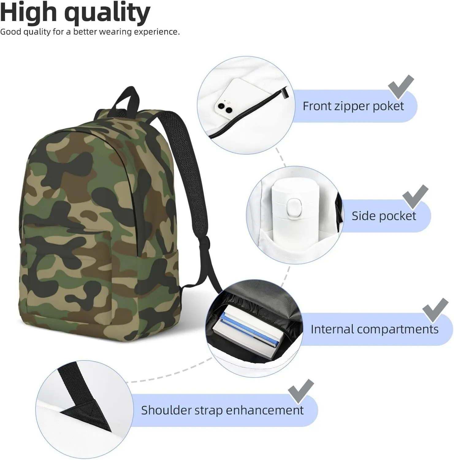 Army Camouflage Backpack 17.7 Inch Laptop Backpack Travel Hiking Daypack Military Camo Multipurpose Book Bag For Men Women Teens Boys Girls