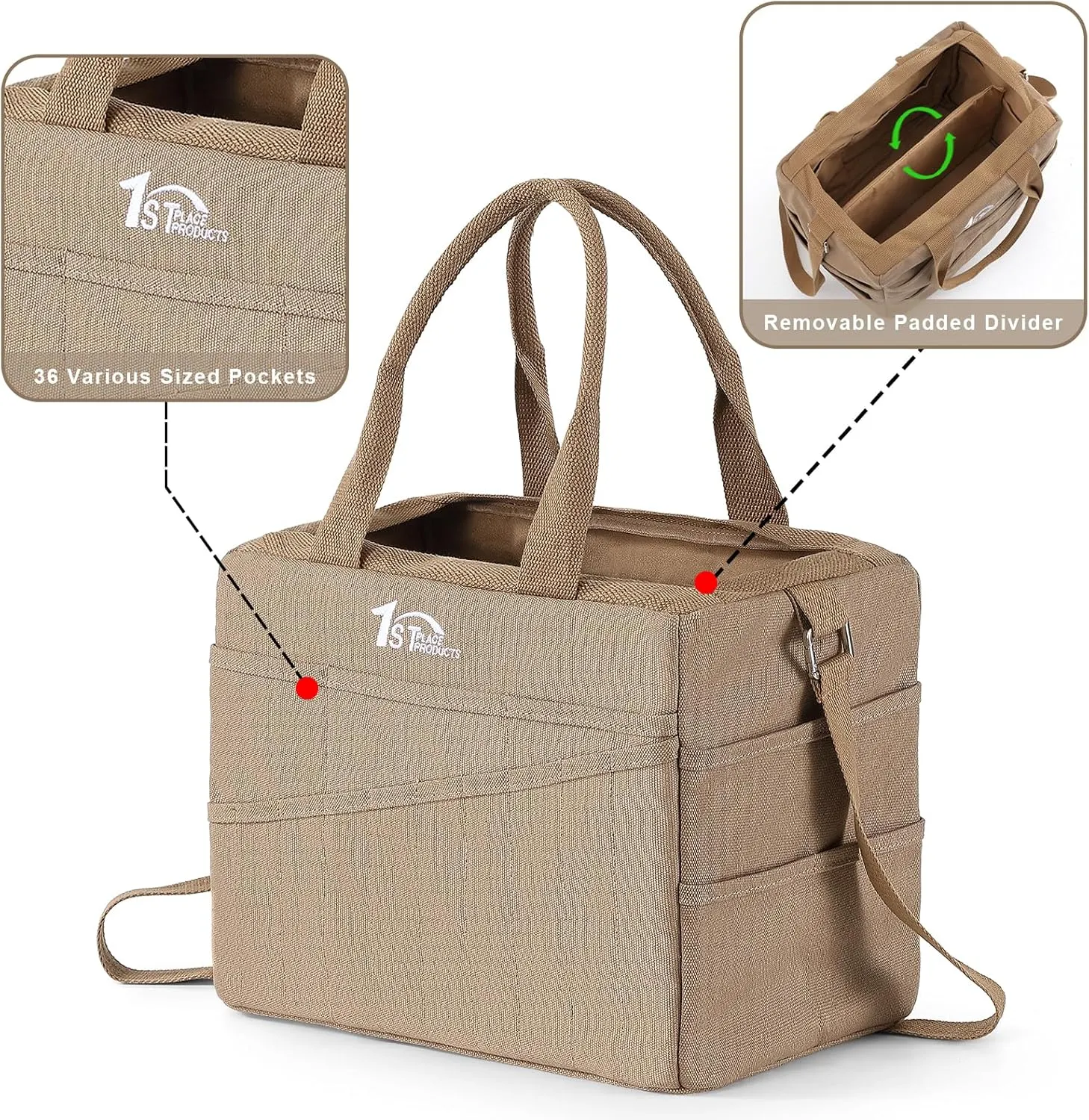 Art Craft Supply & Pottery Bag – 36 Pockets – Detachable Shoulder Strap - Handles – Removable Padded Divider - Washable – Tools, Knitting, Crochet, Yarn, Sewing, Scrapbooking, Clay, Tote