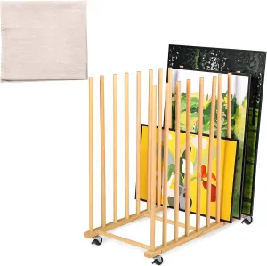 Art Storage Rack with Protective Drop Cloth, Canvas Storage & Drying Rack with Handle and Caster Wheels, Art Canvas Organizer for Paintings, Panels, Boards – Perfect for Art Studios, Artwork