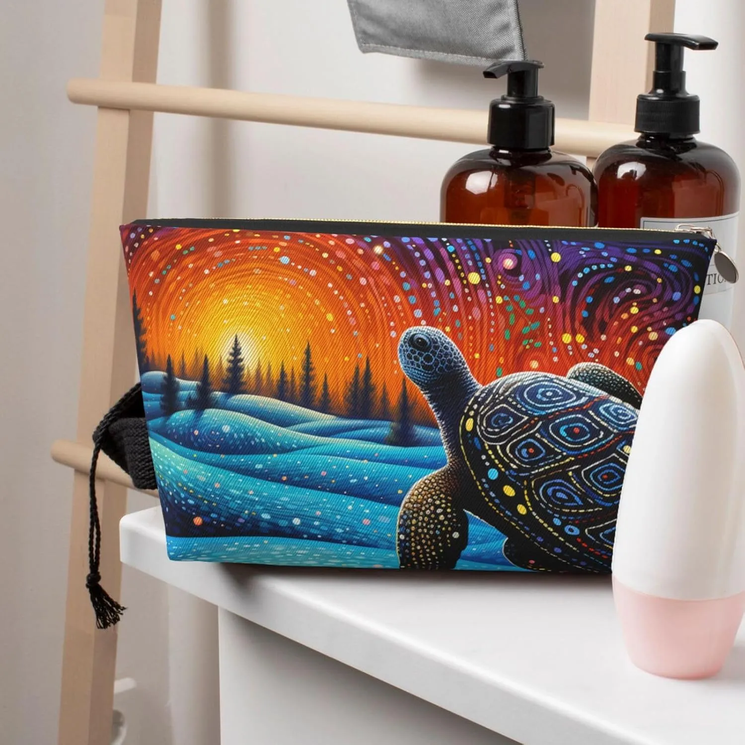 Art Turtle Magic Makeup Bag Waterproof Cosmetic Bag Organizer Small Make Up Zipper Pouch Portable Travel Toiletry Bag for Women Girls