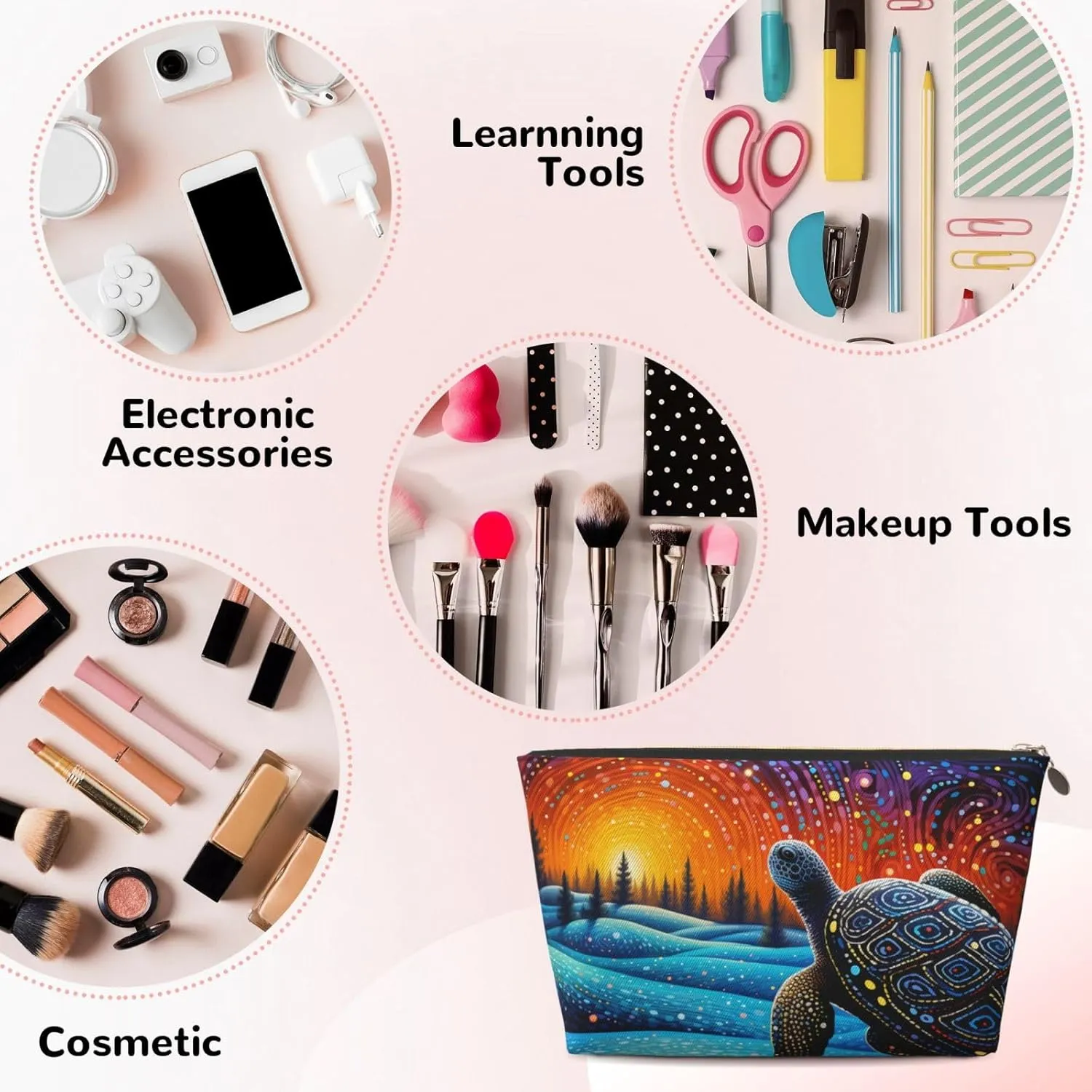 Art Turtle Magic Makeup Bag Waterproof Cosmetic Bag Organizer Small Make Up Zipper Pouch Portable Travel Toiletry Bag for Women Girls