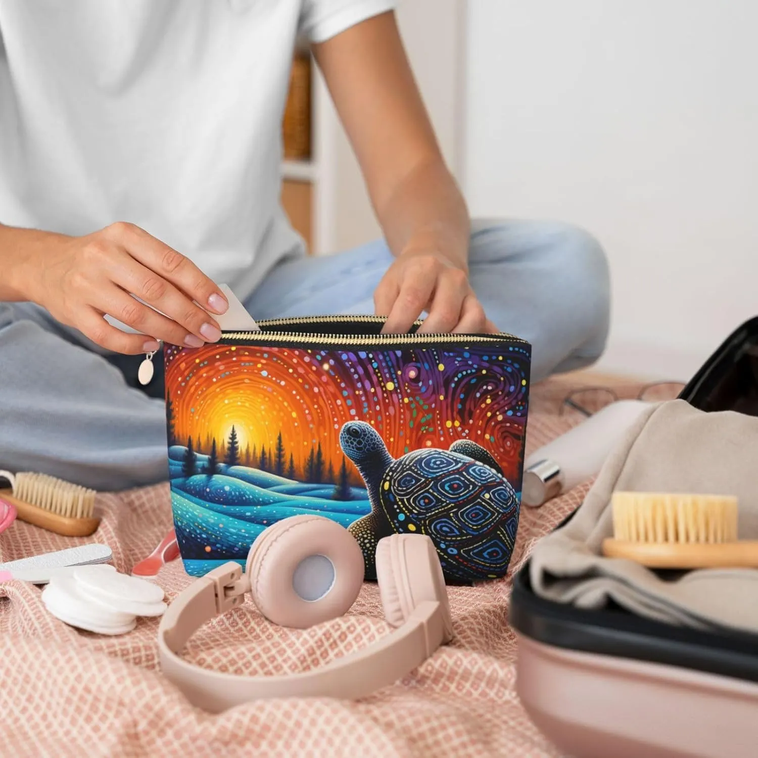 Art Turtle Magic Makeup Bag Waterproof Cosmetic Bag Organizer Small Make Up Zipper Pouch Portable Travel Toiletry Bag for Women Girls