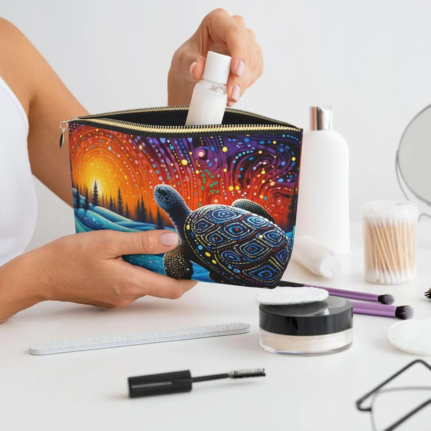 Art Turtle Magic Makeup Bag Waterproof Cosmetic Bag Organizer Small Make Up Zipper Pouch Portable Travel Toiletry Bag for Women Girls