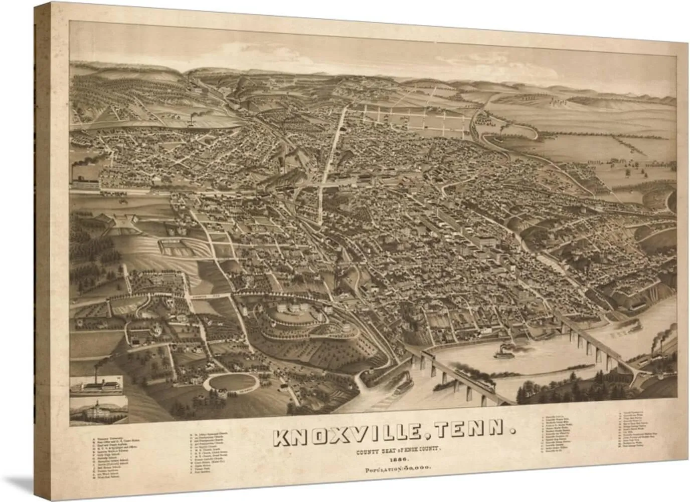ART.COM Stretched Canvas Print Knoxville, Tennessee - Panoramic Map by Lantern Press, 36" x 24"
