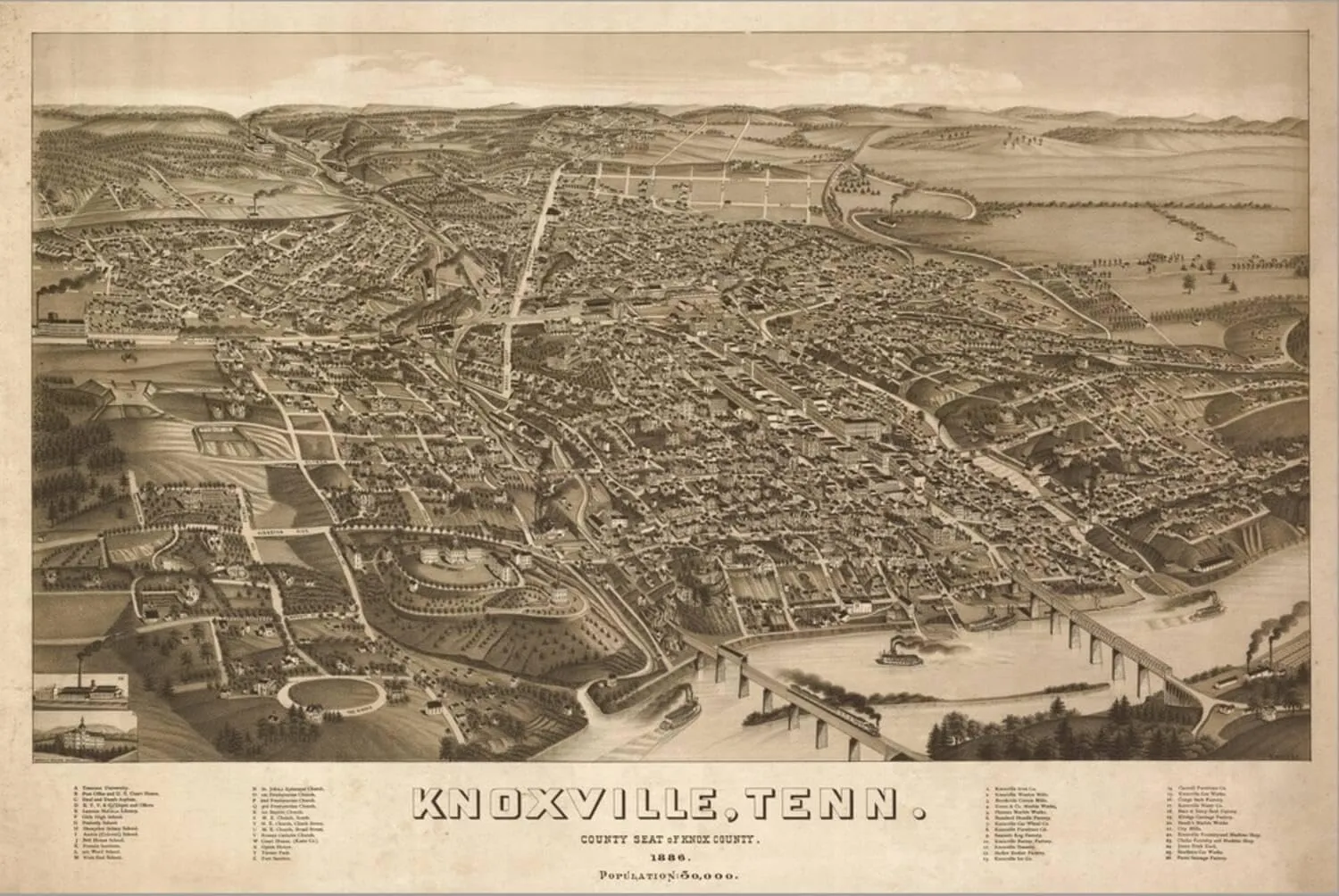ART.COM Stretched Canvas Print Knoxville, Tennessee - Panoramic Map by Lantern Press, 36" x 24"