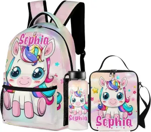 Artsadd Personalized Backpack for Girls Kids Lunch Bag Box Sets Custom Name School Bag for Preschool Kindergarten Elementary Back to School Gift for Daughter