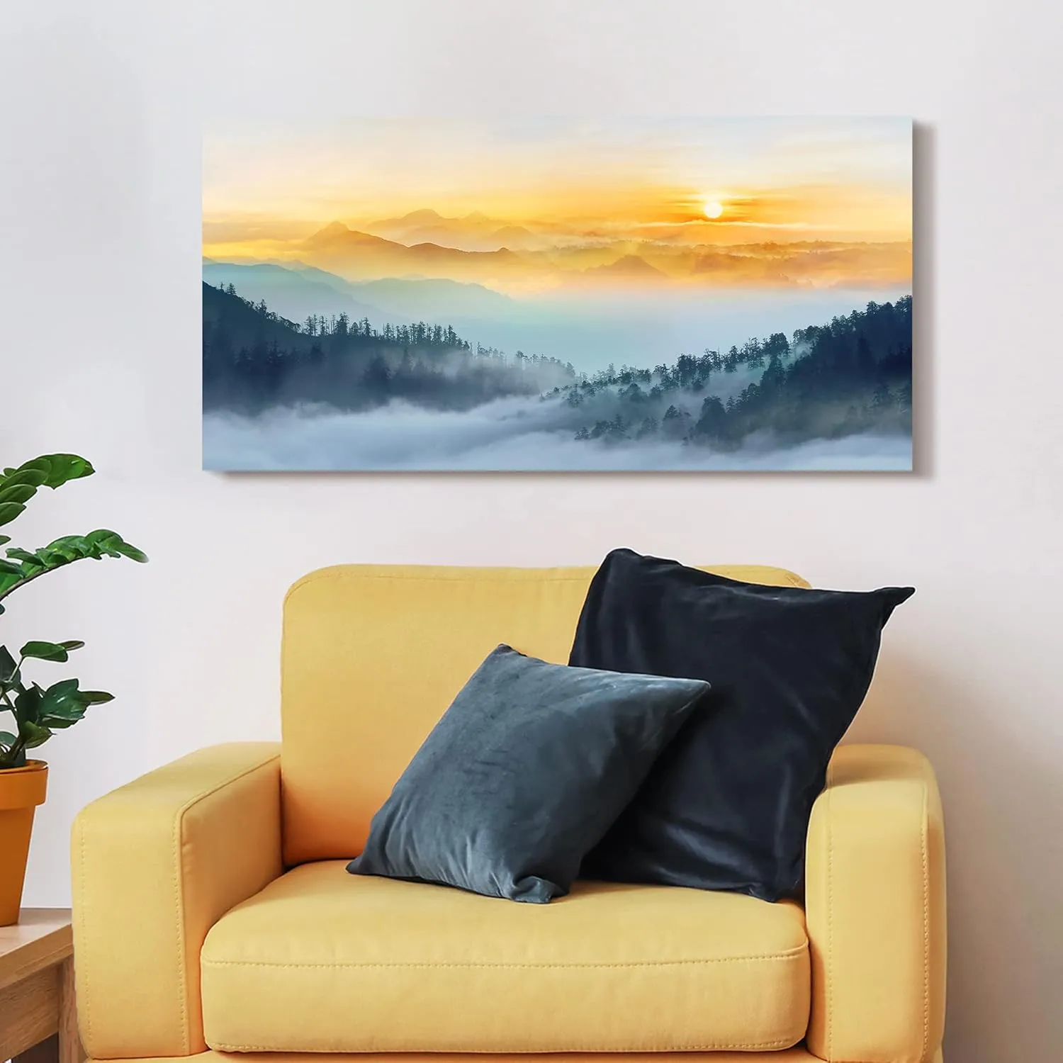 arttitue Foggy Forest Wall Art Canvas: Sunset Nature Scenery Picture Landscape Painting Print Decor Misty Mountain Photography Artwork for Bedroom Living Room Home