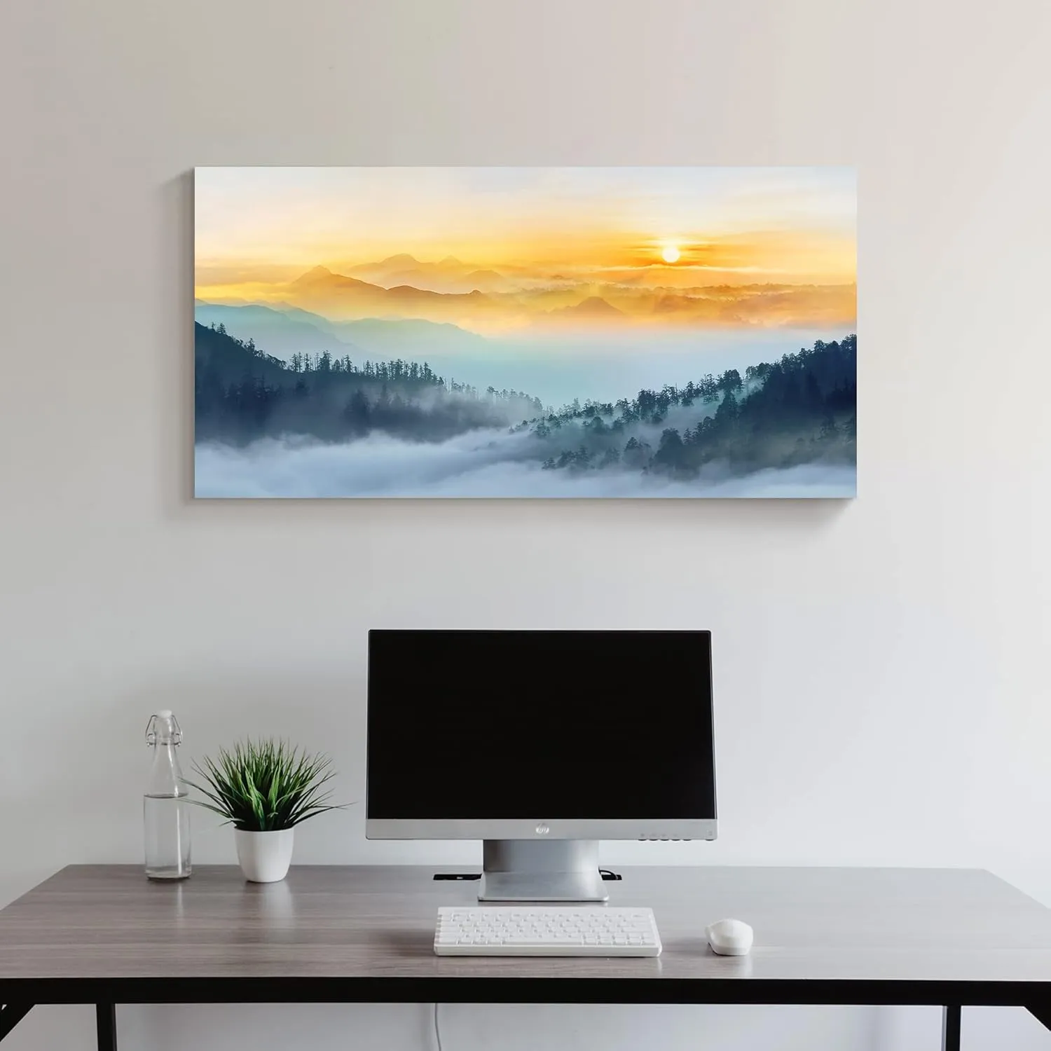 arttitue Foggy Forest Wall Art Canvas: Sunset Nature Scenery Picture Landscape Painting Print Decor Misty Mountain Photography Artwork for Bedroom Living Room Home