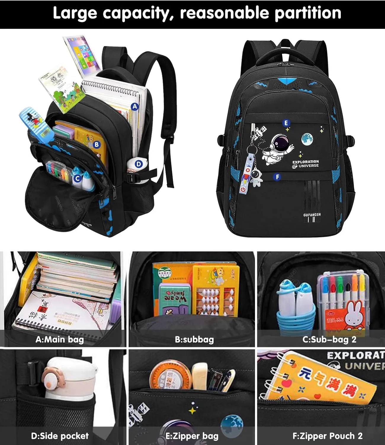 Astronaut Backpack for Boys Teens, Large Capacity School Bag Bookbag for Kids Elementary Middle (Black)