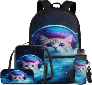 Astronaut Cat Backpack for High School Boys and Lunch Bag Multi-Functional 17-Inch Schoolbag Set Lightweight Bookbag for Boys & Girls, Perfect for Elementary & Middle School