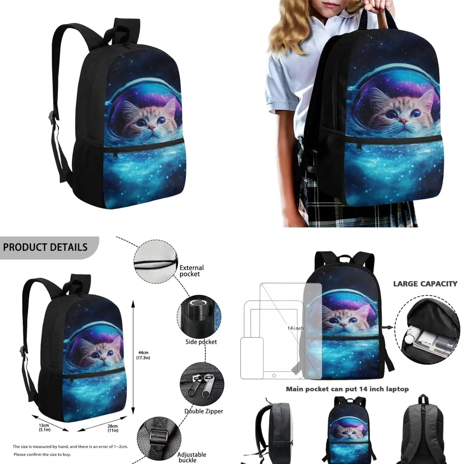 Astronaut Cat Backpack for High School Boys and Lunch Bag Multi-Functional 17-Inch Schoolbag Set Lightweight Bookbag for Boys & Girls, Perfect for Elementary & Middle School