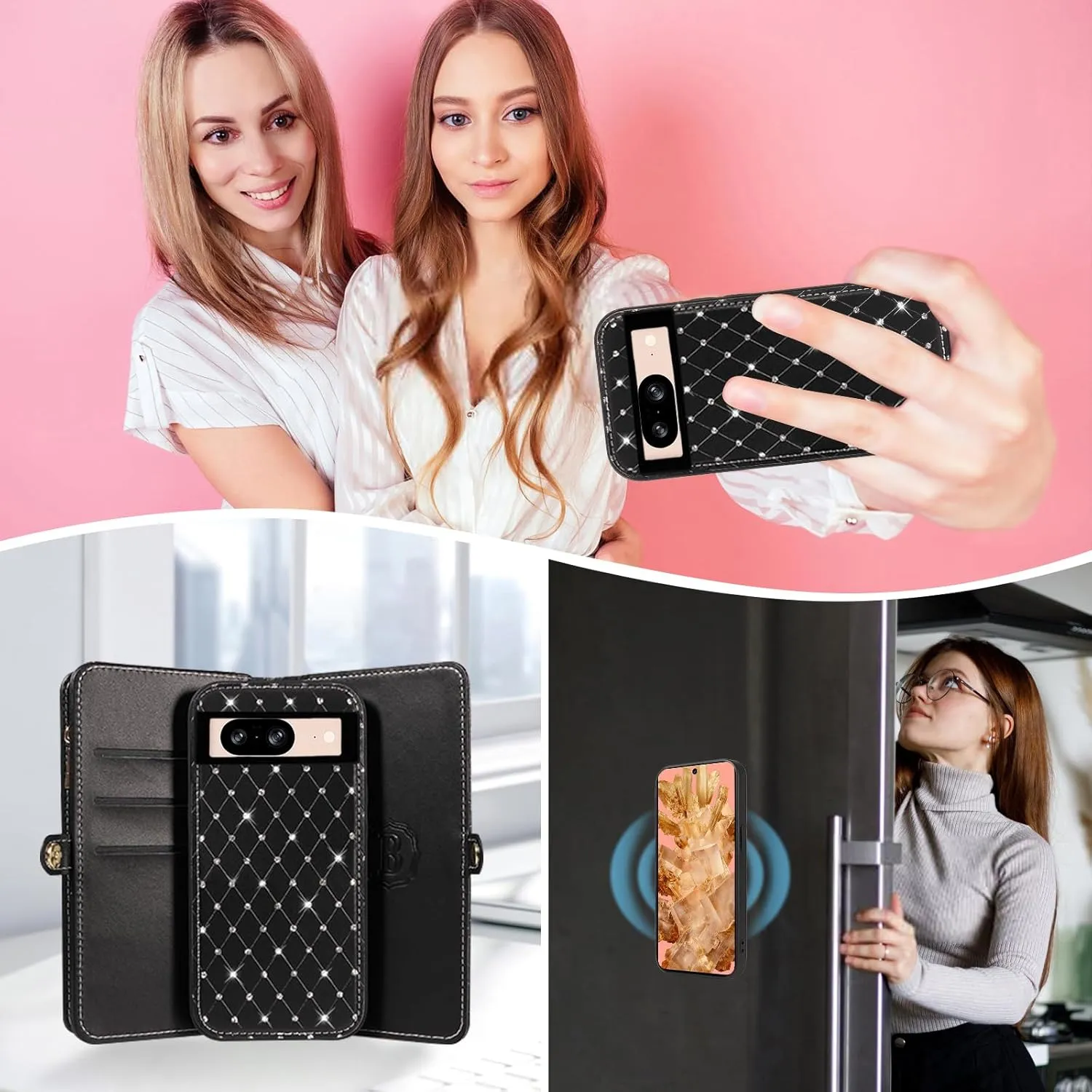 Asuwish Phone Case for Google Pixel 8 5G Zipper Wallet Detachable Cell Cover with Tempered Glass Screen Protector Crossbody Lanyard Strap Glitter Flip Card Holder Slot Pixel8 Eight Women Girls Black