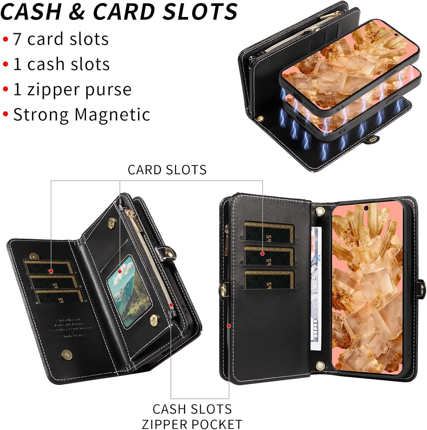 Asuwish Phone Case for Google Pixel 8 5G Zipper Wallet Detachable Cell Cover with Tempered Glass Screen Protector Crossbody Lanyard Strap Glitter Flip Card Holder Slot Pixel8 Eight Women Girls Black