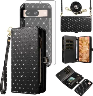 Asuwish Phone Case for Google Pixel 8 5G Zipper Wallet Detachable Cell Cover with Tempered Glass Screen Protector Crossbody Lanyard Strap Glitter Flip Card Holder Slot Pixel8 Eight Women Girls Black