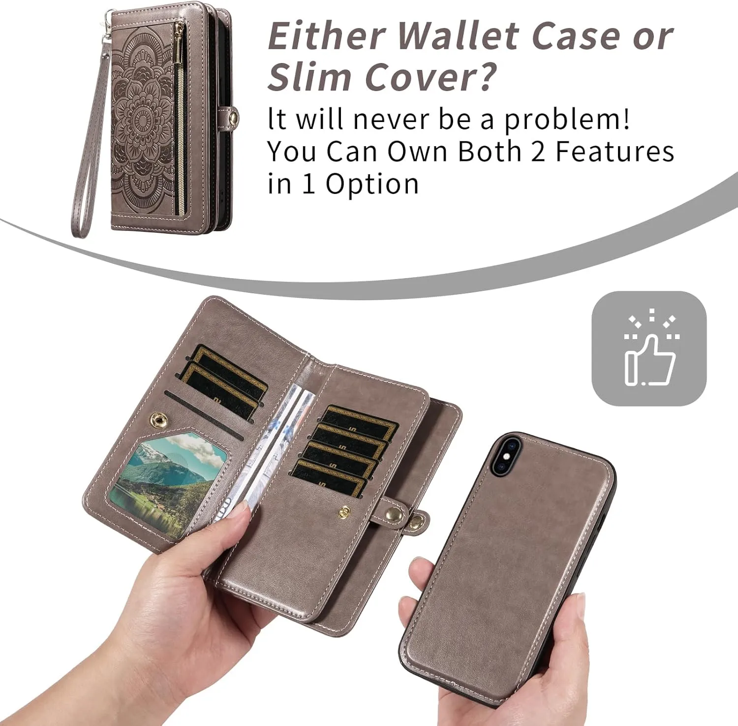Asuwish Phone Case for iPhone Xs X 10 10s Zipper Wallet Cell Cover with Tempered Glass Screen Protector Crossbody Strap Flower Card Holder iPhoneX iPhoneXs iPhone10 i PhoneX SX 10x 10xs X’s Women Gray