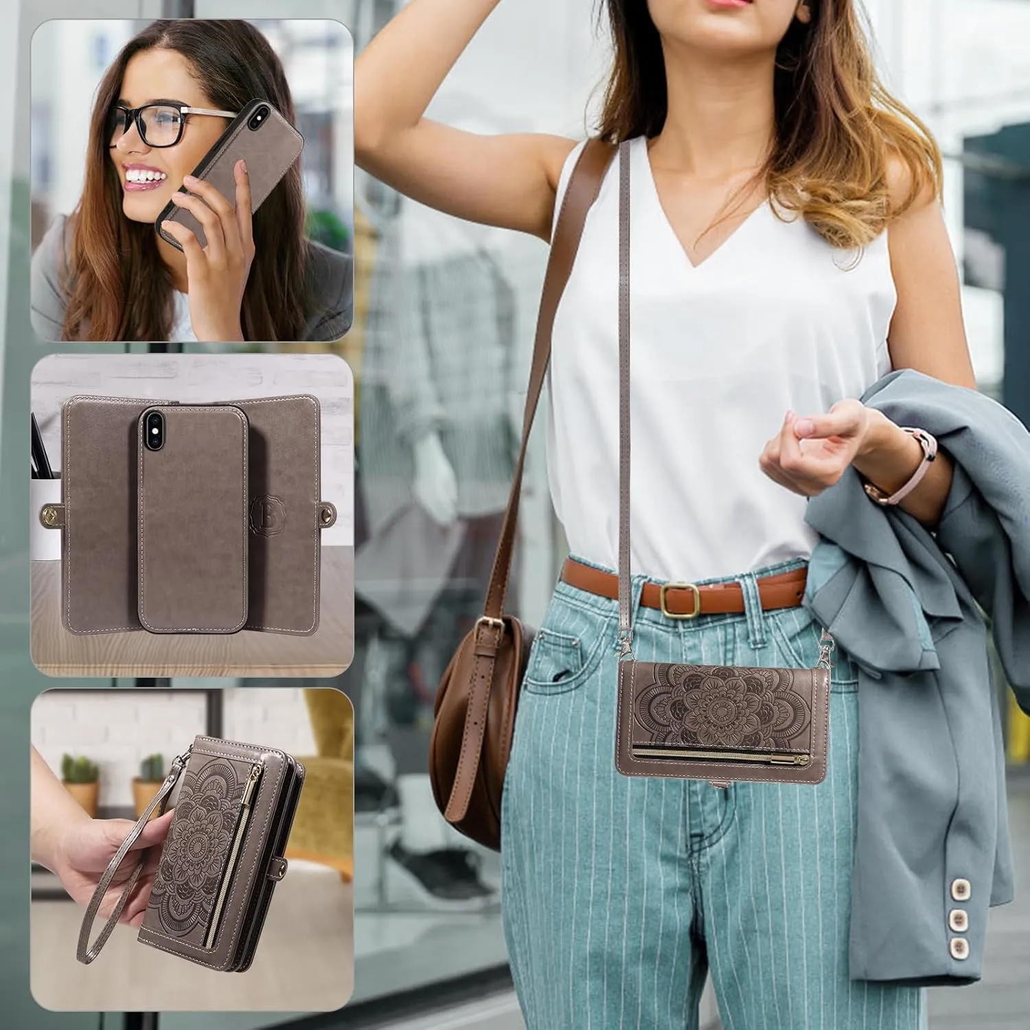 Asuwish Phone Case for iPhone Xs X 10 10s Zipper Wallet Cell Cover with Tempered Glass Screen Protector Crossbody Strap Flower Card Holder iPhoneX iPhoneXs iPhone10 i PhoneX SX 10x 10xs X’s Women Gray