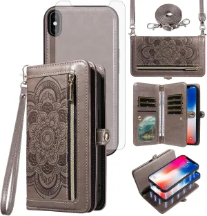 Asuwish Phone Case for iPhone Xs X 10 10s Zipper Wallet Cell Cover with Tempered Glass Screen Protector Crossbody Strap Flower Card Holder iPhoneX iPhoneXs iPhone10 i PhoneX SX 10x 10xs X’s Women Gray
