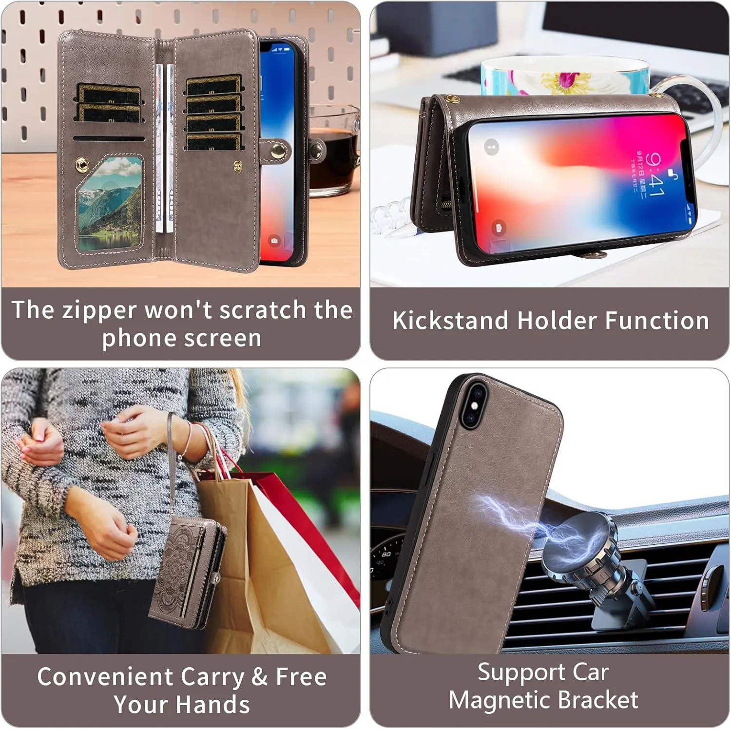 Asuwish Phone Case for iPhone Xs X 10 10s Zipper Wallet Cell Cover with Tempered Glass Screen Protector Crossbody Strap Flower Card Holder iPhoneX iPhoneXs iPhone10 i PhoneX SX 10x 10xs X’s Women Gray