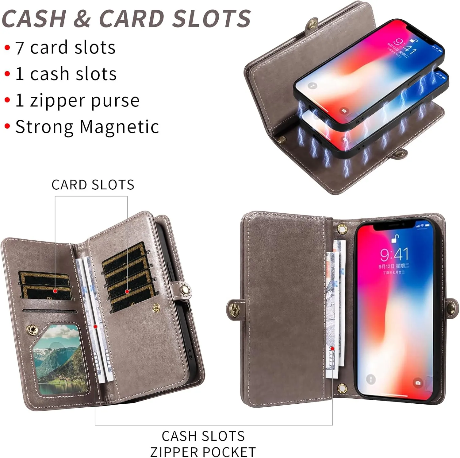 Asuwish Phone Case for iPhone Xs X 10 10s Zipper Wallet Cell Cover with Tempered Glass Screen Protector Crossbody Strap Flower Card Holder iPhoneX iPhoneXs iPhone10 i PhoneX SX 10x 10xs X’s Women Gray