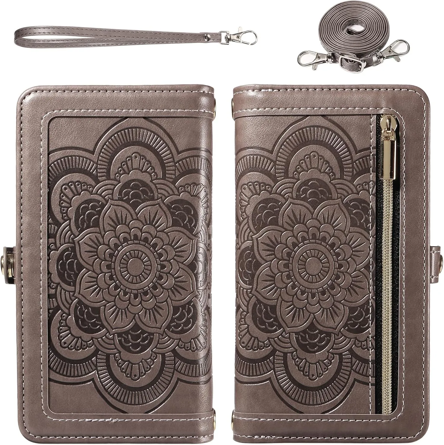 Asuwish Phone Case for iPhone Xs X 10 10s Zipper Wallet Cell Cover with Tempered Glass Screen Protector Crossbody Strap Flower Card Holder iPhoneX iPhoneXs iPhone10 i PhoneX SX 10x 10xs X’s Women Gray