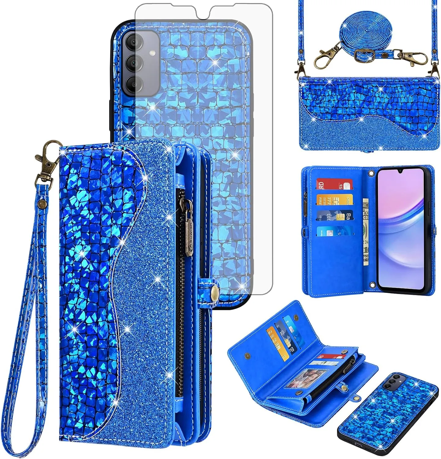 Asuwish Phone Case for Samsung Galaxy A15 5G/4G Zipper Wallet Detachable with Tempered Glass Screen Protector Cover and Card Holder Slot Wrist Strap Purse Accessories A 15 G5 15A S15 Women Men Blue