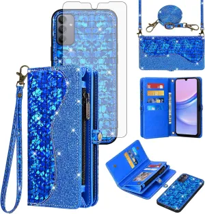 Asuwish Phone Case for Samsung Galaxy A15 5G/4G Zipper Wallet Detachable with Tempered Glass Screen Protector Cover and Card Holder Slot Wrist Strap Purse Accessories A 15 G5 15A S15 Women Men Blue