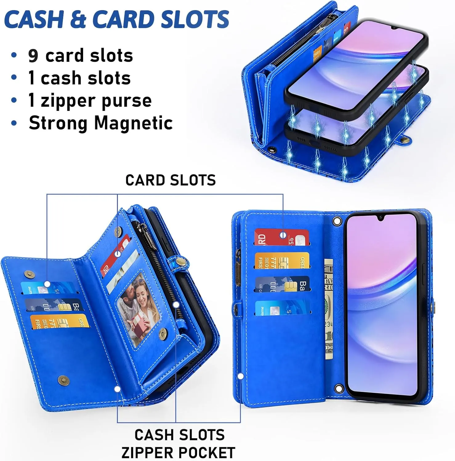 Asuwish Phone Case for Samsung Galaxy A15 5G/4G Zipper Wallet Detachable with Tempered Glass Screen Protector Cover and Card Holder Slot Wrist Strap Purse Accessories A 15 G5 15A S15 Women Men Blue