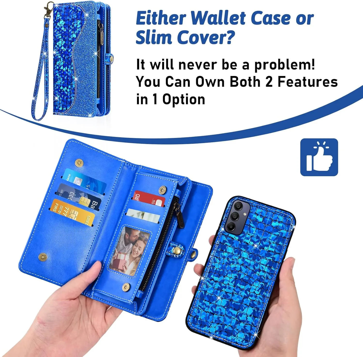 Asuwish Phone Case for Samsung Galaxy A15 5G/4G Zipper Wallet Detachable with Tempered Glass Screen Protector Cover and Card Holder Slot Wrist Strap Purse Accessories A 15 G5 15A S15 Women Men Blue