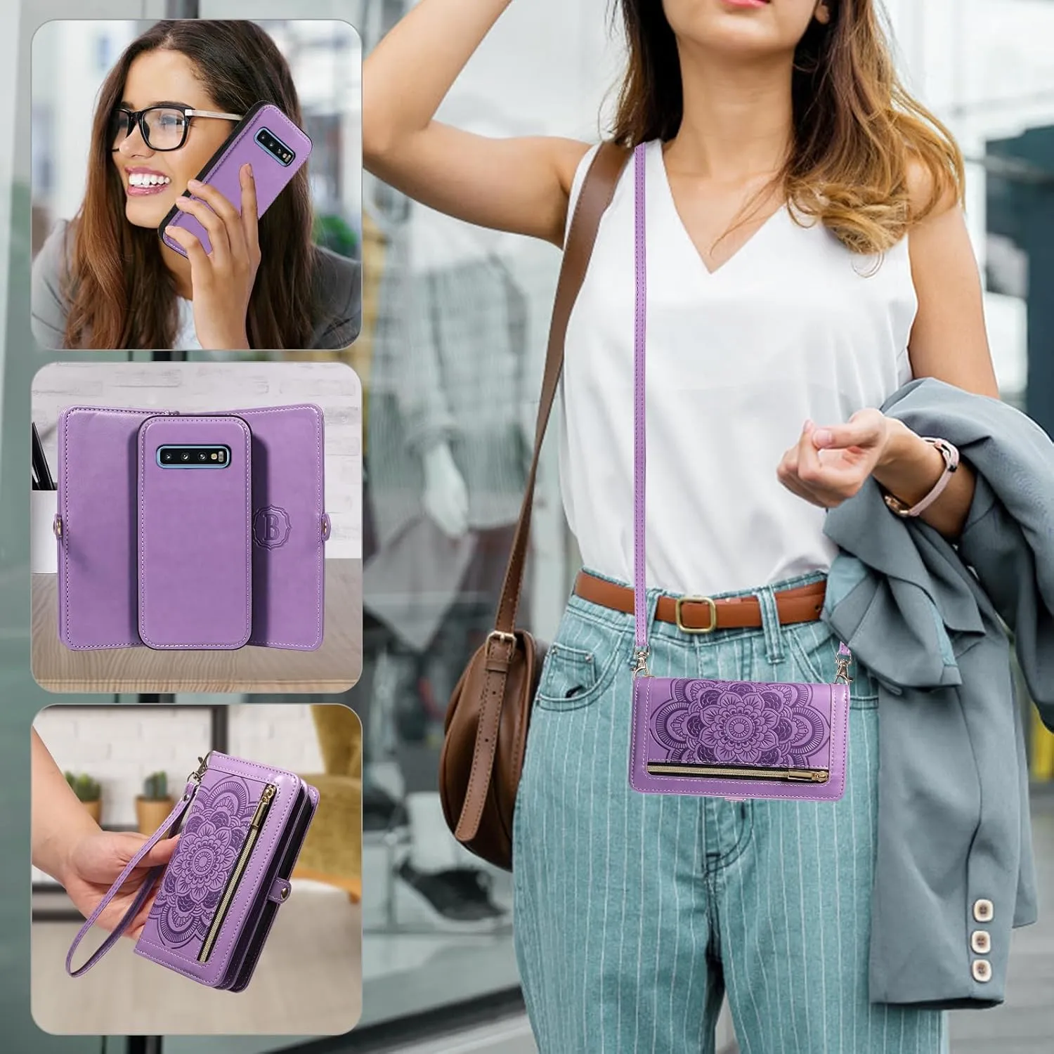 Asuwish Phone Case for Samsung Galaxy S10 Zipper Wallet Magnetic Detachable Cell Cover with Tempered Glass Screen Protector Crossbody Strap Flower Card Holder S 10 Edge 10S GS10 X10 Women Girls Purple