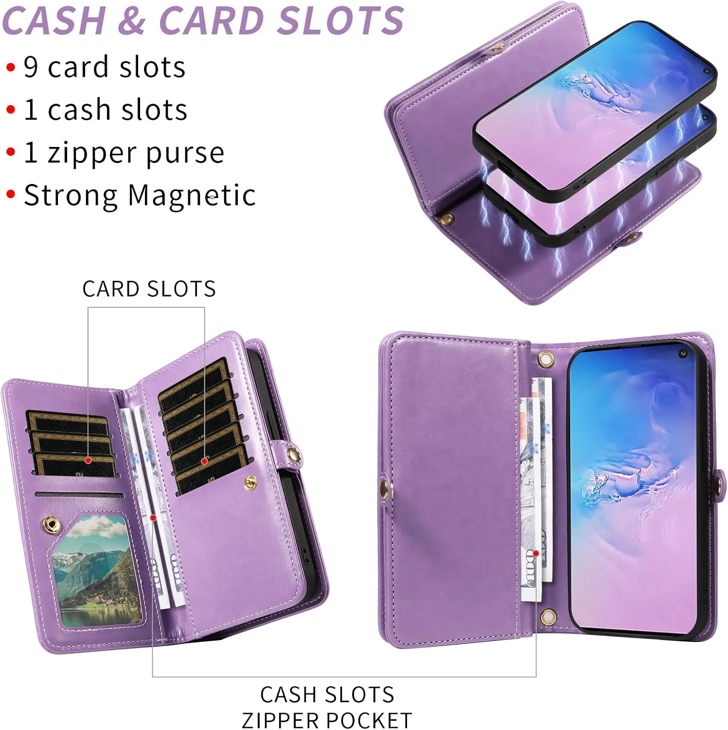 Asuwish Phone Case for Samsung Galaxy S10 Zipper Wallet Magnetic Detachable Cell Cover with Tempered Glass Screen Protector Crossbody Strap Flower Card Holder S 10 Edge 10S GS10 X10 Women Girls Purple