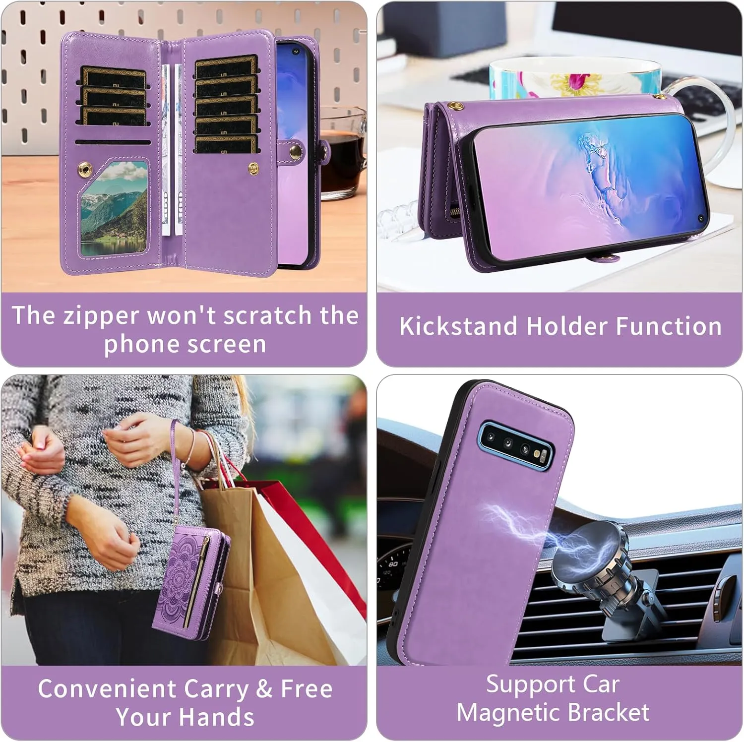 Asuwish Phone Case for Samsung Galaxy S10 Zipper Wallet Magnetic Detachable Cell Cover with Tempered Glass Screen Protector Crossbody Strap Flower Card Holder S 10 Edge 10S GS10 X10 Women Girls Purple