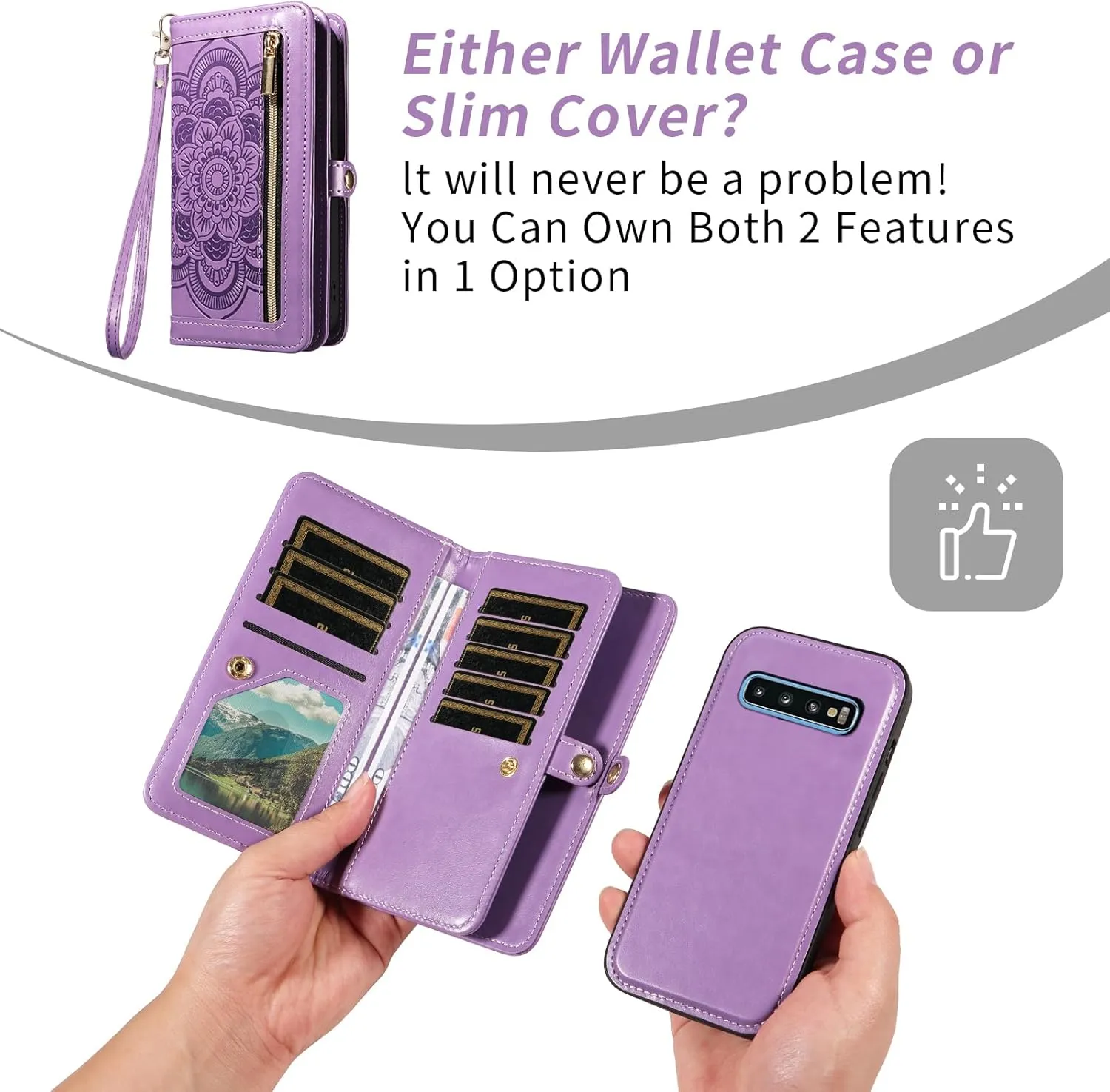 Asuwish Phone Case for Samsung Galaxy S10 Zipper Wallet Magnetic Detachable Cell Cover with Tempered Glass Screen Protector Crossbody Strap Flower Card Holder S 10 Edge 10S GS10 X10 Women Girls Purple