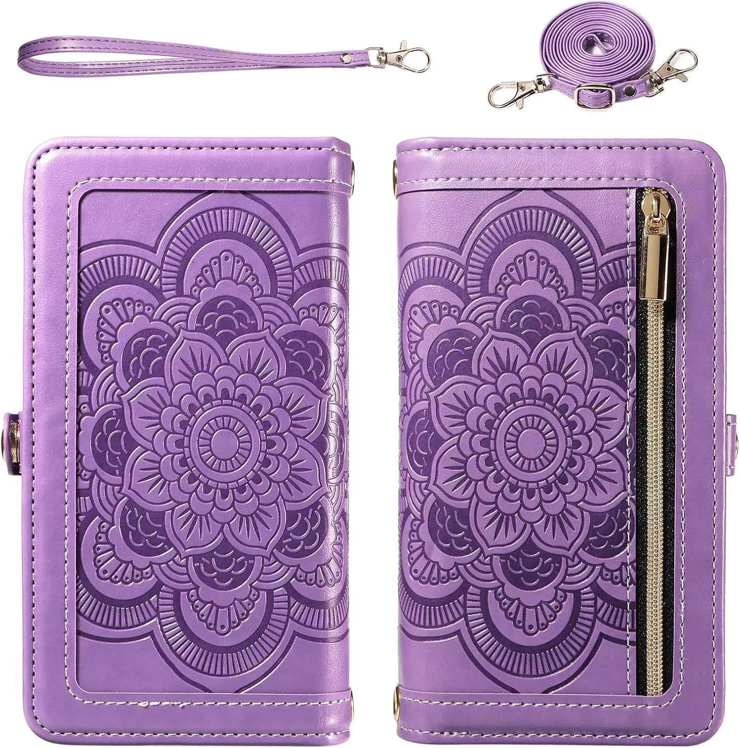 Asuwish Phone Case for Samsung Galaxy S10 Zipper Wallet Magnetic Detachable Cell Cover with Tempered Glass Screen Protector Crossbody Strap Flower Card Holder S 10 Edge 10S GS10 X10 Women Girls Purple