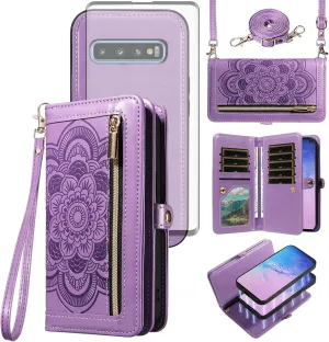 Asuwish Phone Case for Samsung Galaxy S10 Zipper Wallet Magnetic Detachable Cell Cover with Tempered Glass Screen Protector Crossbody Strap Flower Card Holder S 10 Edge 10S GS10 X10 Women Girls Purple