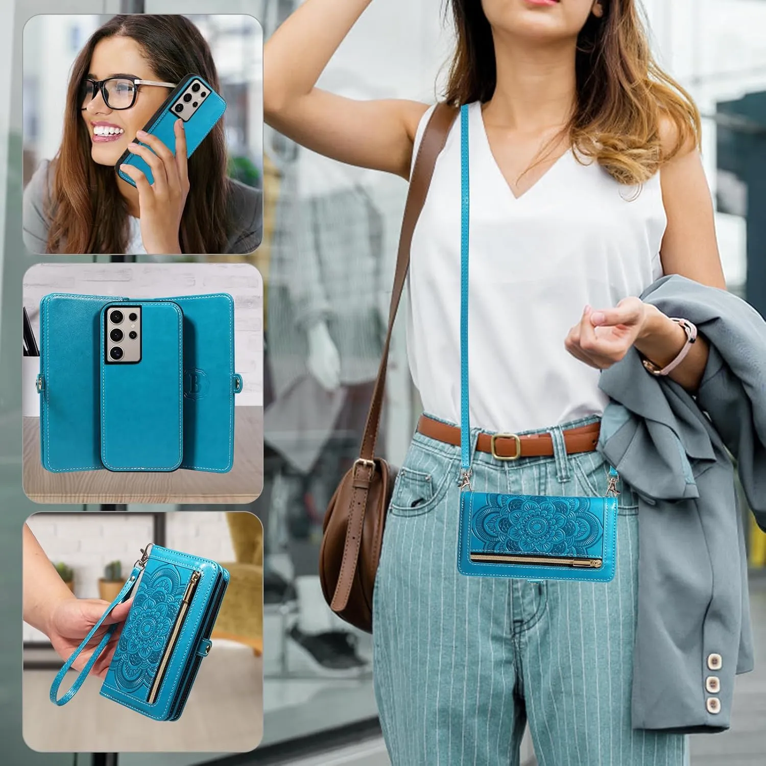 Asuwish Phone Case for Samsung Galaxy S24 Ultra 5G Zipper Wallet Detachable Cell Cover with Tempered Glass Screen Protector Crossbody Strap Flower Card Holder Slot S24Ultra 24S S 24 24Ultra Women Blue