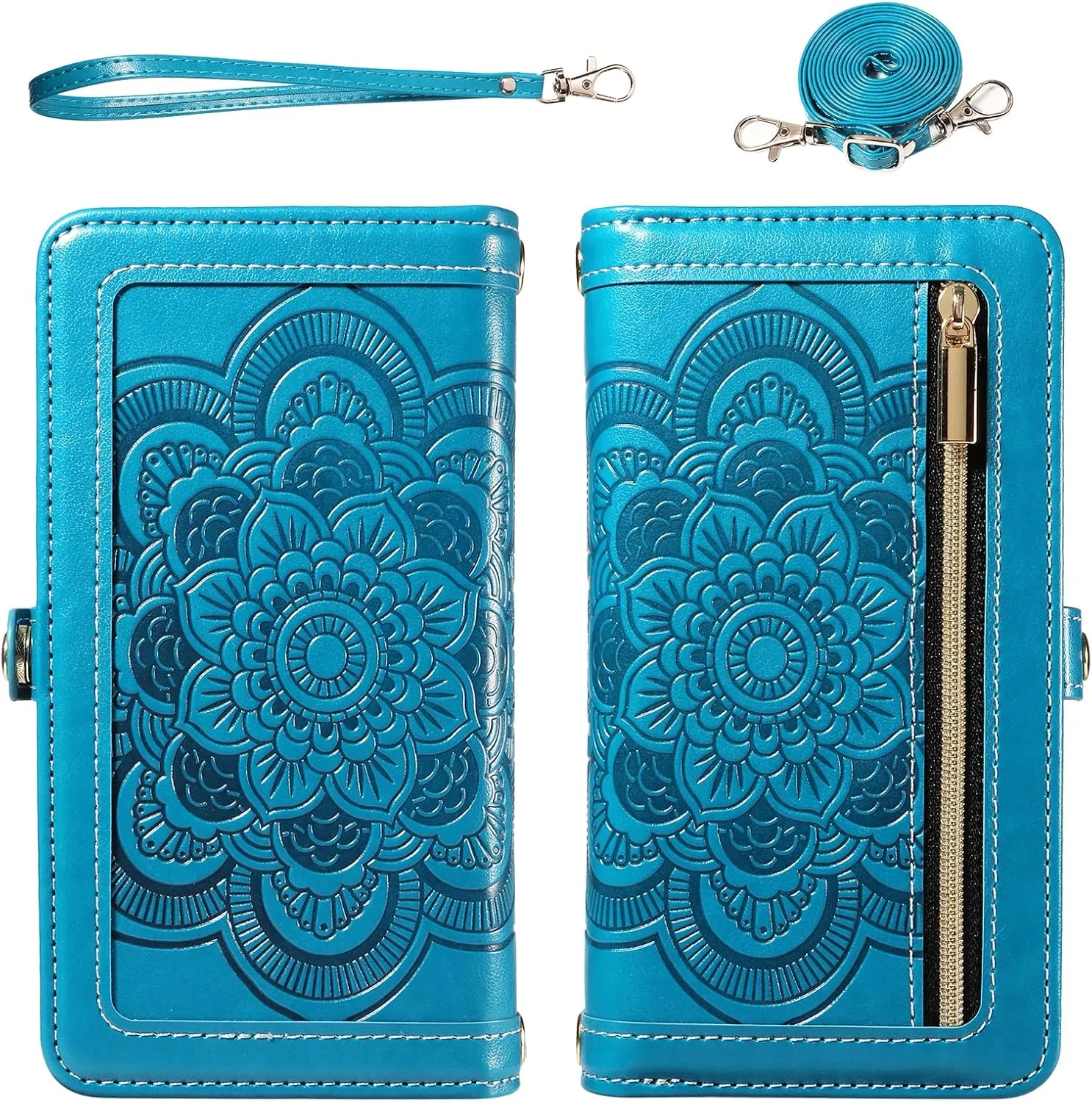 Asuwish Phone Case for Samsung Galaxy S24 Ultra 5G Zipper Wallet Detachable Cell Cover with Tempered Glass Screen Protector Crossbody Strap Flower Card Holder Slot S24Ultra 24S S 24 24Ultra Women Blue