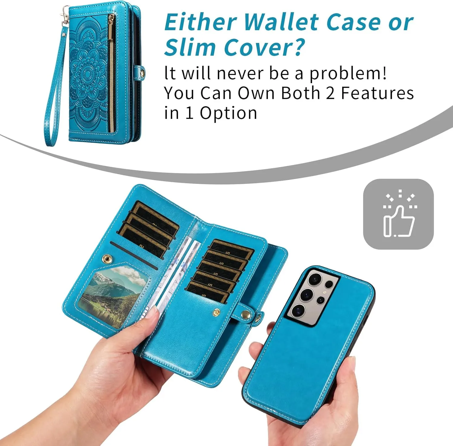 Asuwish Phone Case for Samsung Galaxy S24 Ultra 5G Zipper Wallet Detachable Cell Cover with Tempered Glass Screen Protector Crossbody Strap Flower Card Holder Slot S24Ultra 24S S 24 24Ultra Women Blue