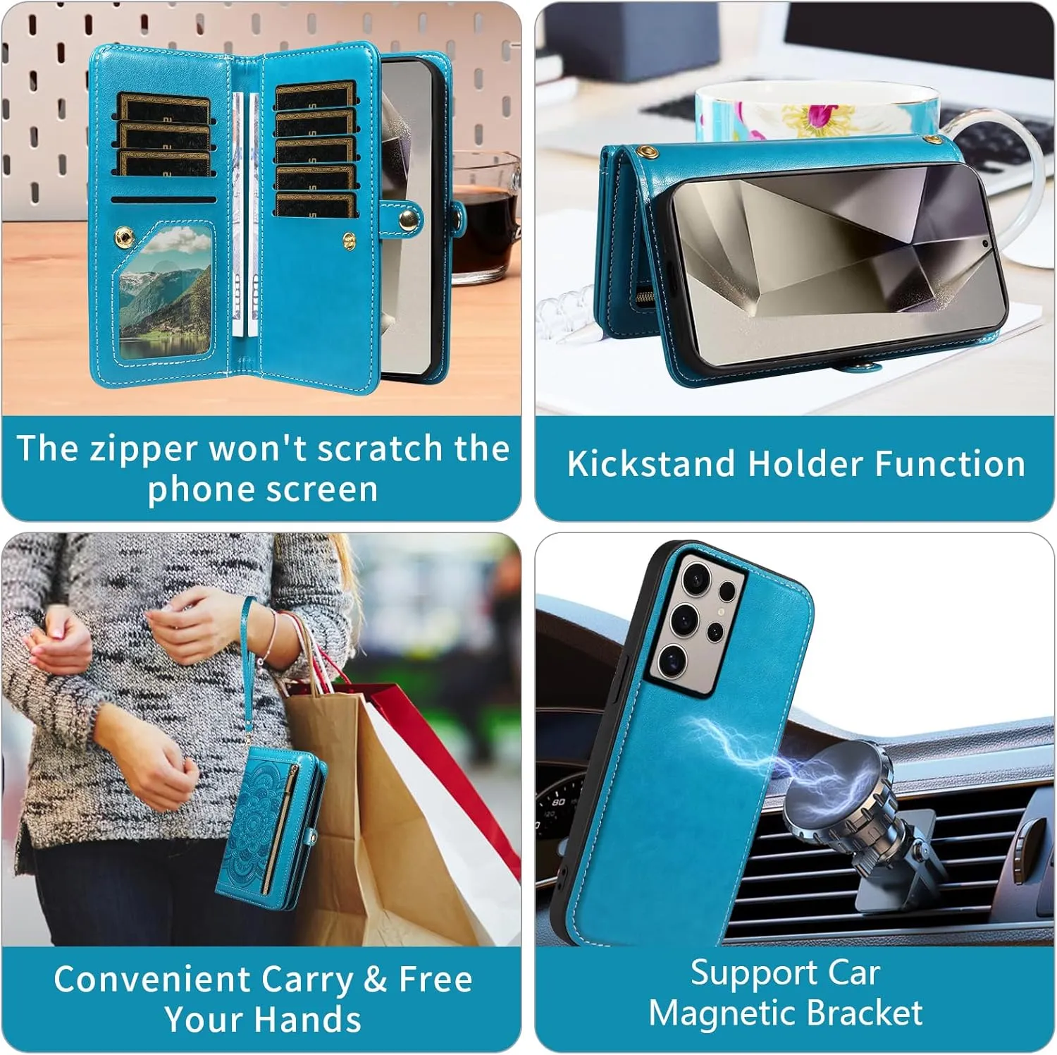 Asuwish Phone Case for Samsung Galaxy S24 Ultra 5G Zipper Wallet Detachable Cell Cover with Tempered Glass Screen Protector Crossbody Strap Flower Card Holder Slot S24Ultra 24S S 24 24Ultra Women Blue