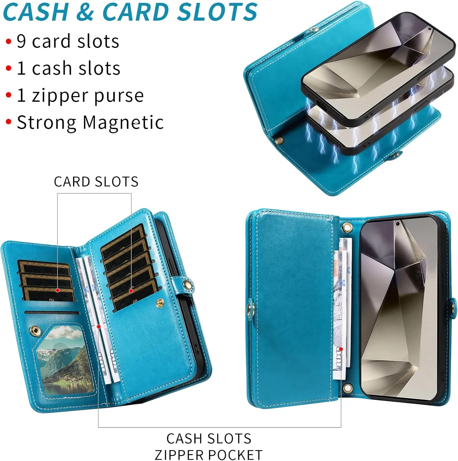 Asuwish Phone Case for Samsung Galaxy S24 Ultra 5G Zipper Wallet Detachable Cell Cover with Tempered Glass Screen Protector Crossbody Strap Flower Card Holder Slot S24Ultra 24S S 24 24Ultra Women Blue