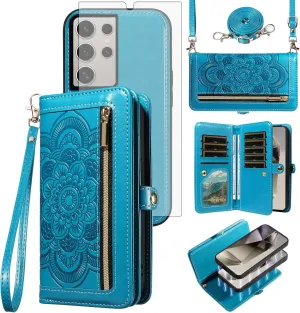 Asuwish Phone Case for Samsung Galaxy S24 Ultra 5G Zipper Wallet Detachable Cell Cover with Tempered Glass Screen Protector Crossbody Strap Flower Card Holder Slot S24Ultra 24S S 24 24Ultra Women Blue