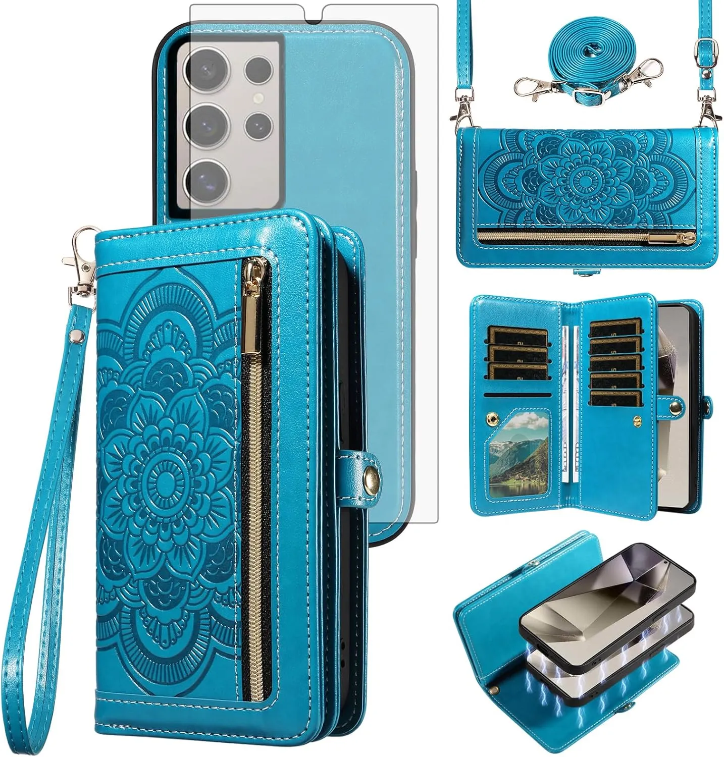 Asuwish Phone Case for Samsung Galaxy S24 Ultra 5G Zipper Wallet Detachable Cell Cover with Tempered Glass Screen Protector Crossbody Strap Flower Card Holder Slot S24Ultra 24S S 24 24Ultra Women Blue