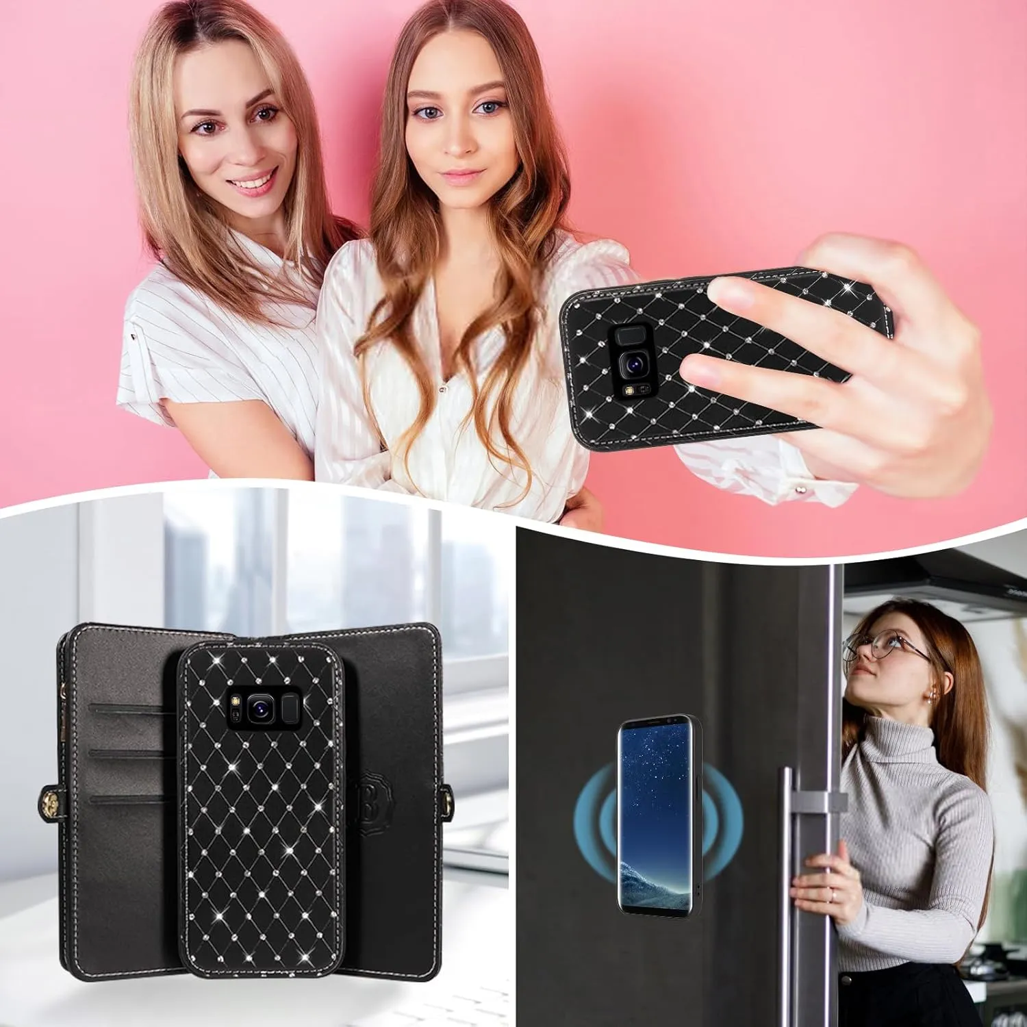 Asuwish Phone Case for Samsung Galaxy S8 Zipper Wallet Detachable Cell Cover with Tempered Glass Screen Protector Crossbody Lanyard Strap Glitter Flip Card Holder Slot S 8 8S Edge SM-G950U Women Black